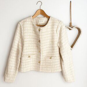 Marled Womens Cropped Tweed Weave Long Sleeve Jacket Blazer MEDIUM Beige Gold